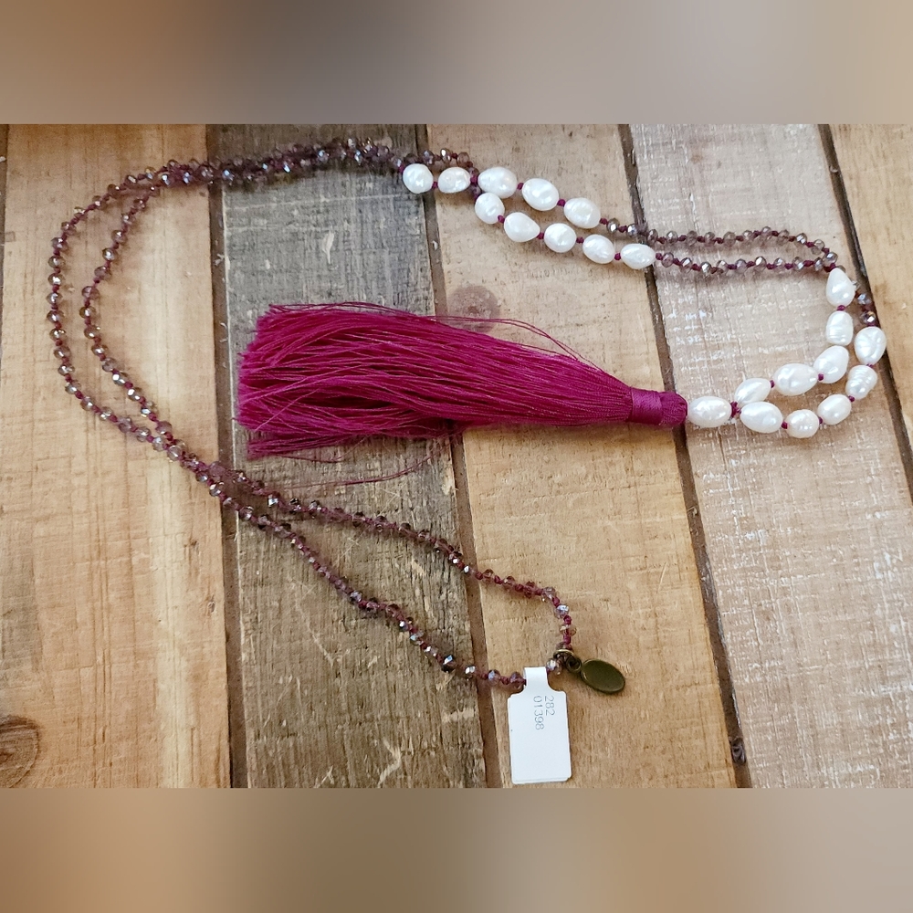 Zacasha Boho Faceted Crystal and Pearl Tassel Drop Necklace Fuschia